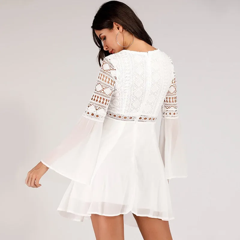 V-Neck Hollow Out Long Sleeve Mini Lace Dress Elegant White Boho Dress Casual Lace Vestido Robe Dress