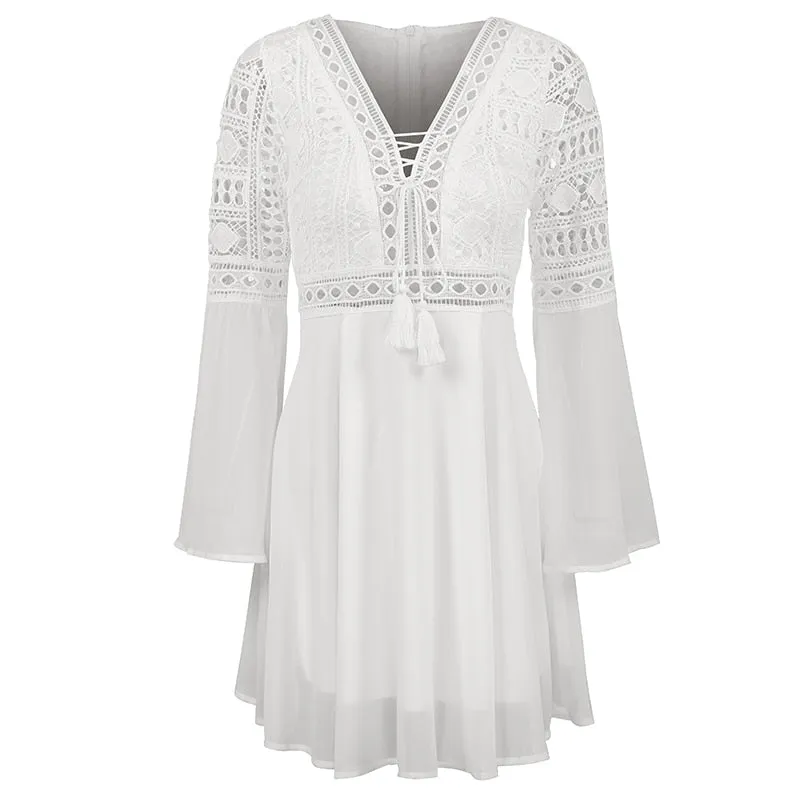 V-Neck Hollow Out Long Sleeve Mini Lace Dress Elegant White Boho Dress Casual Lace Vestido Robe Dress