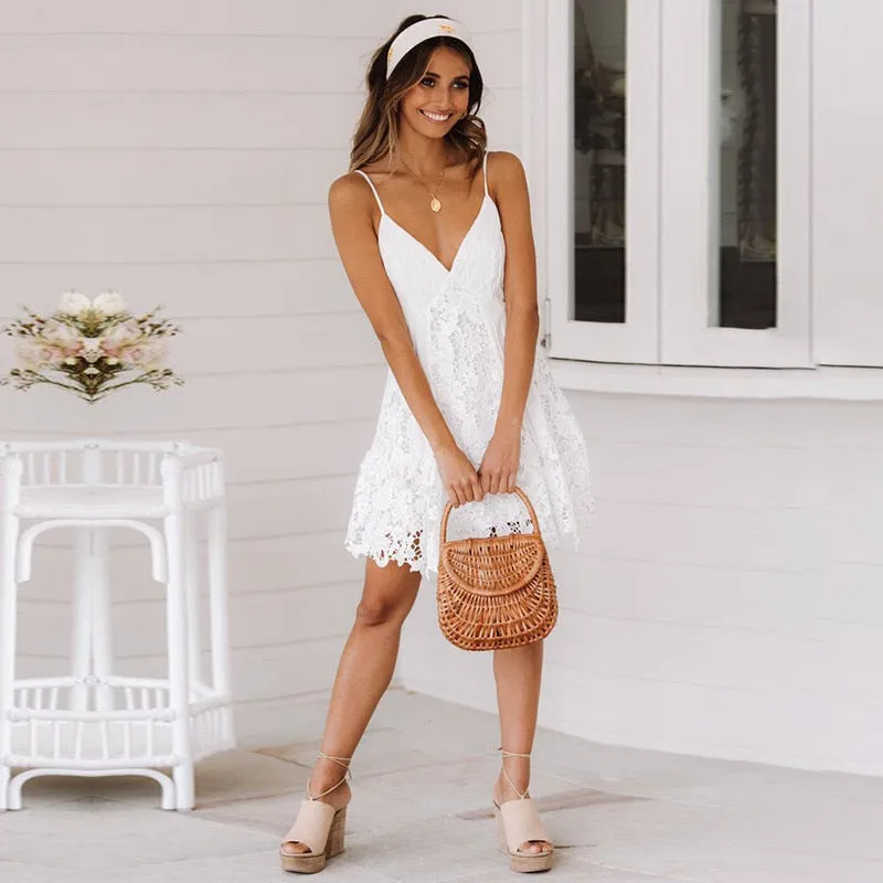 V-Neck Hollow Out Long Sleeve Mini Lace Dress Elegant White Boho Dress Casual Lace Vestido Robe Dress