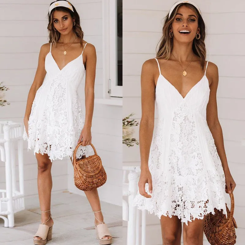 V-Neck Hollow Out Long Sleeve Mini Lace Dress Elegant White Boho Dress Casual Lace Vestido Robe Dress