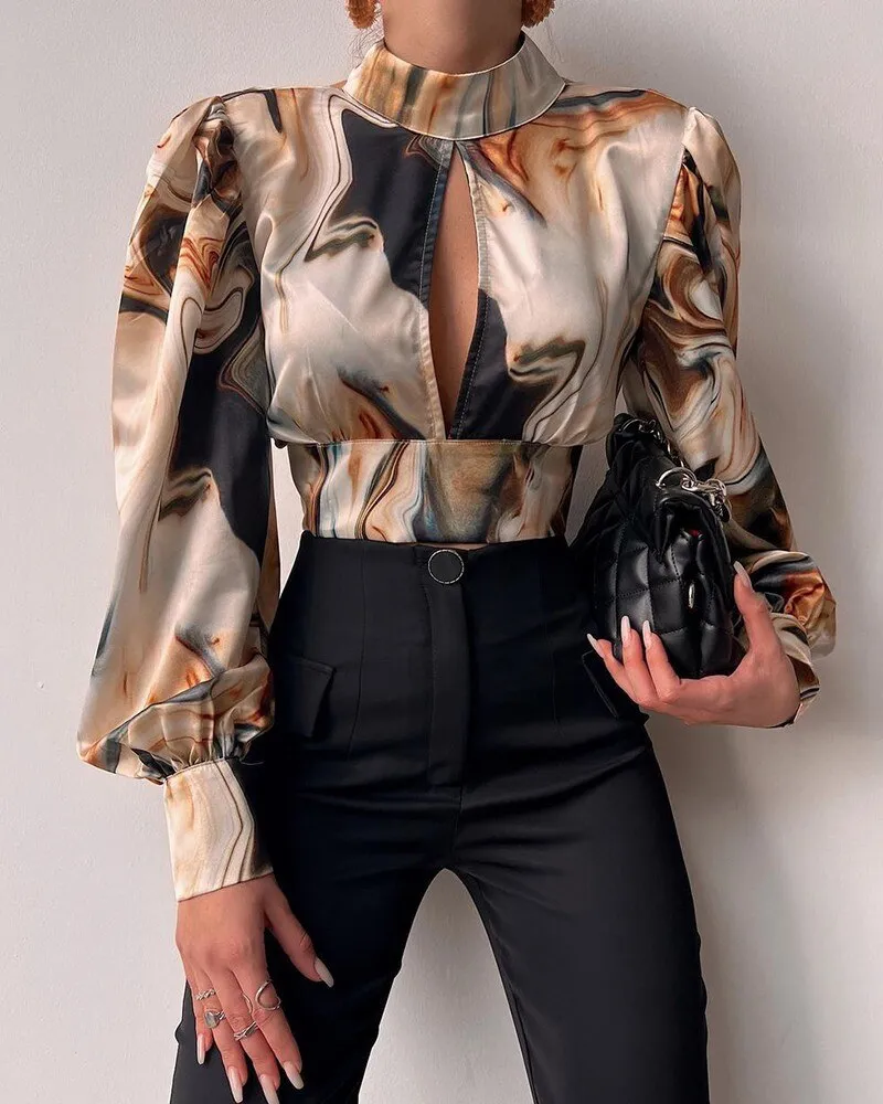Wenkouban 2022 Spring Women's Blouse Short Sexy Backless Printed Hollow Out Lantern Long Sleeve Top Female Fashion Elegant Tops Ladies