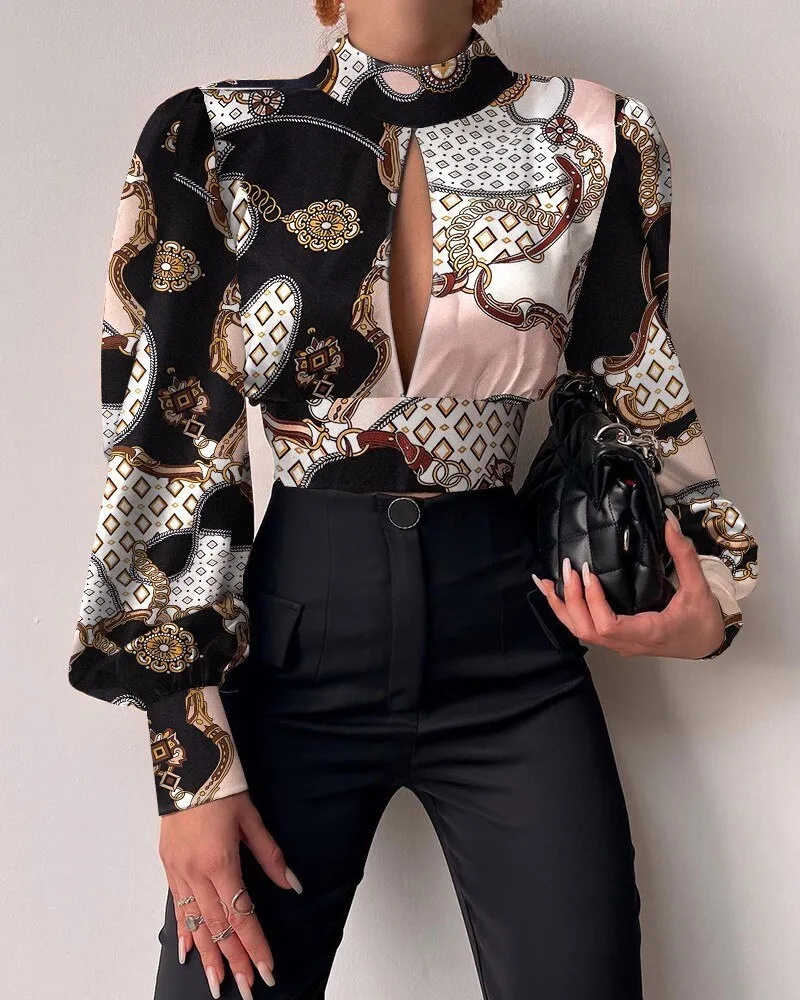 Wenkouban 2022 Spring Women's Blouse Short Sexy Backless Printed Hollow Out Lantern Long Sleeve Top Female Fashion Elegant Tops Ladies
