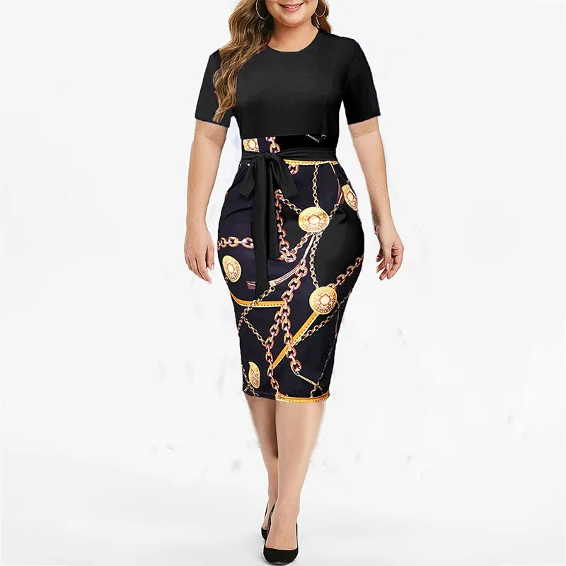Wenkouban  2022 Summer Womens Sexy High Waist Print Knee-length Dress Short Sleeve Elegant Dresses