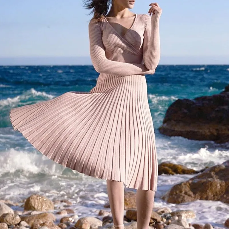 Wenkouban Knitted Women's Solid V-Neck Slim Midi Dress 2023 Autumn New Long Sleeve Bottoming Pleated Dresses Ladies Sexy Elegant Vestidos