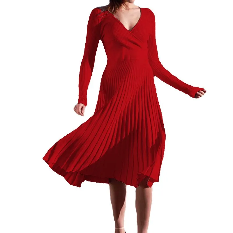 Wenkouban Knitted Women's Solid V-Neck Slim Midi Dress 2023 Autumn New Long Sleeve Bottoming Pleated Dresses Ladies Sexy Elegant Vestidos