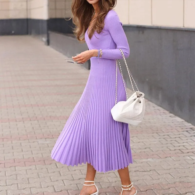 Wenkouban Knitted Women's Solid V-Neck Slim Midi Dress 2023 Autumn New Long Sleeve Bottoming Pleated Dresses Ladies Sexy Elegant Vestidos