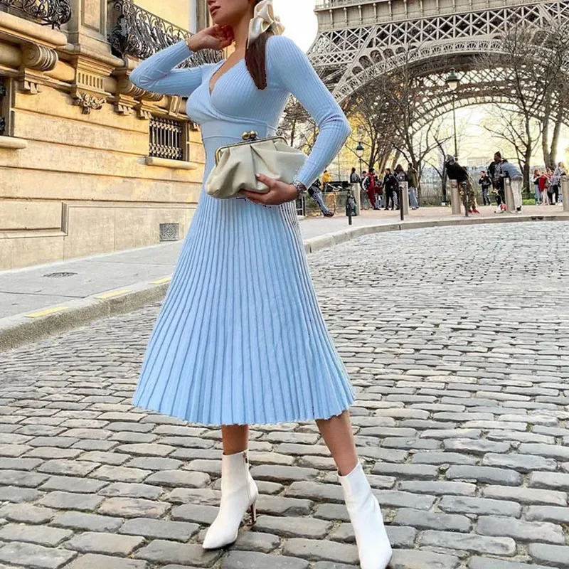 Wenkouban Knitted Women's Solid V-Neck Slim Midi Dress 2023 Autumn New Long Sleeve Bottoming Pleated Dresses Ladies Sexy Elegant Vestidos