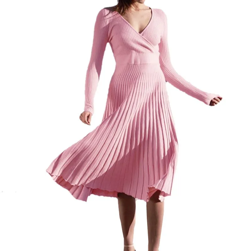 Wenkouban Knitted Women's Solid V-Neck Slim Midi Dress 2023 Autumn New Long Sleeve Bottoming Pleated Dresses Ladies Sexy Elegant Vestidos