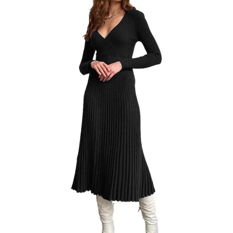 Wenkouban Knitted Women's Solid V-Neck Slim Midi Dress 2023 Autumn New Long Sleeve Bottoming Pleated Dresses Ladies Sexy Elegant Vestidos