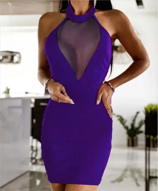 Wenkouban Stitching Lace Slim Skirt Mesh Summer Women Sexy Nightclub Halter Dress  Sleeveless Hollow  Mini Elegant Party Dresses Vestidos