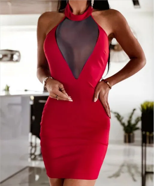 Wenkouban Stitching Lace Slim Skirt Mesh Summer Women Sexy Nightclub Halter Dress  Sleeveless Hollow  Mini Elegant Party Dresses Vestidos