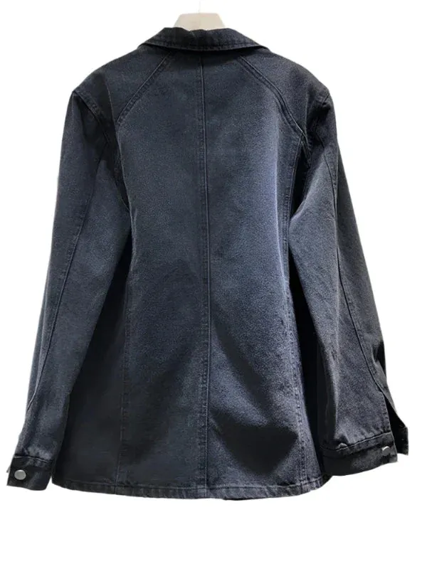 Wenkouban-Winter outfits Christmas Black Friday Notched Collar Rhinestone Butterfly Oversized Denim Jacket