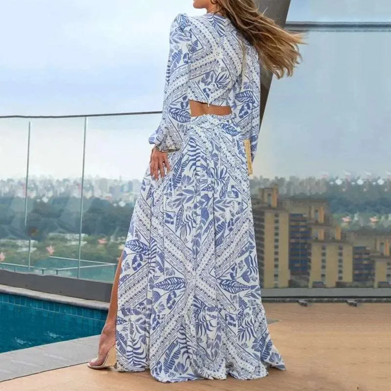 Women's Hollow Out Waist Long Sleeved Dress