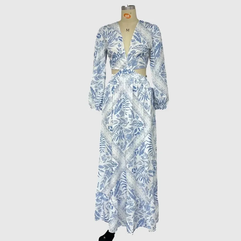 Women's Hollow Out Waist Long Sleeved Dress
