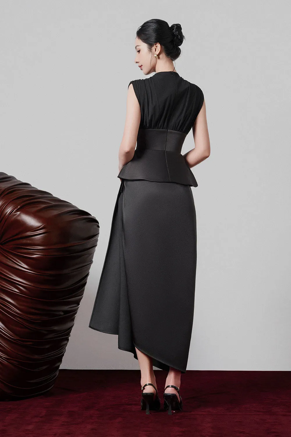 Yule Asymmetric Waist Pleated Taffeta Ankle Length Skirt