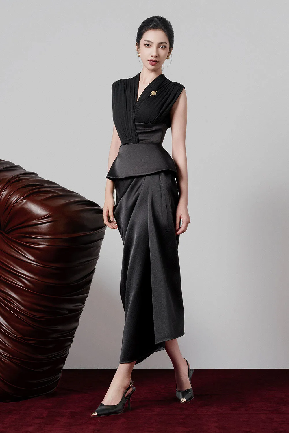 Yule Asymmetric Waist Pleated Taffeta Ankle Length Skirt