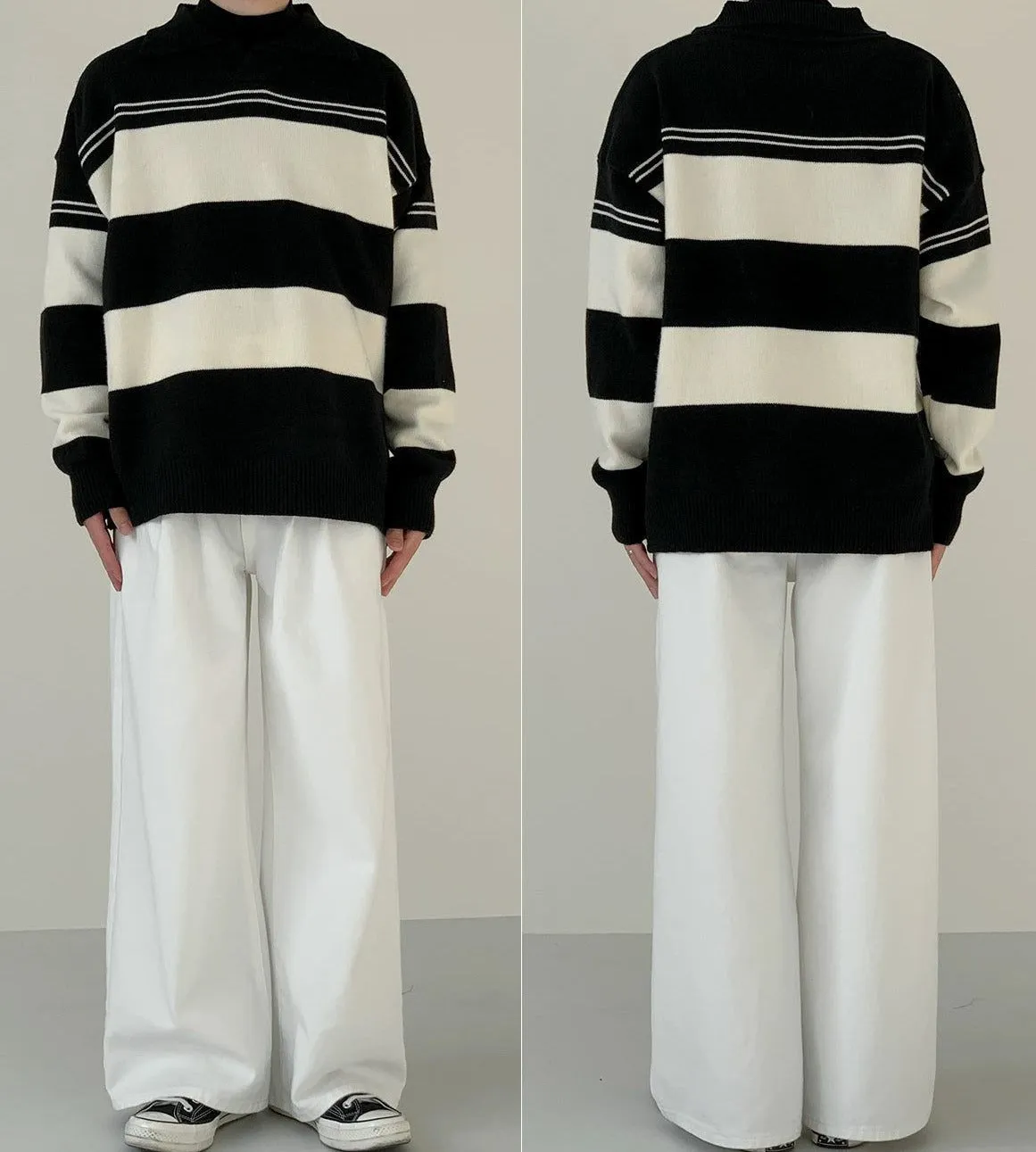 Zhou Wide Stripes Collared Sweater
